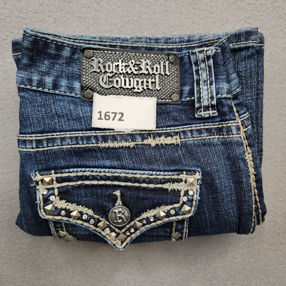 Rock & Roll Cowgirl Jeans Womens 28x32 Mid Rise Bootcut Rhinestones Thick Stitch - Picture 14 of 14